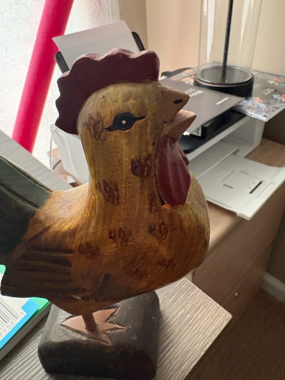 Hand-Carved Wooden Rooster Figurine - Yellow & Dark Green - Picture 4 of 10
